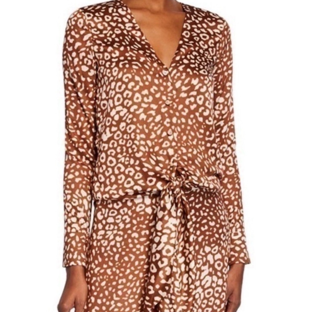 ALEXIS Brown and Cream Leopard Button Down Tie Top - Size L